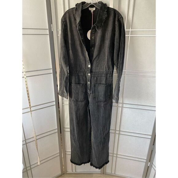 Umgee Mid Button Down Stone Wash Wide Leg Distressed Jumpsuit & Side Pockets wit - Picture 2 of 11